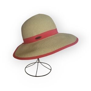 Panama Jack Cream Straw Wide Brim Sun Hat Coral Band Trim 22”